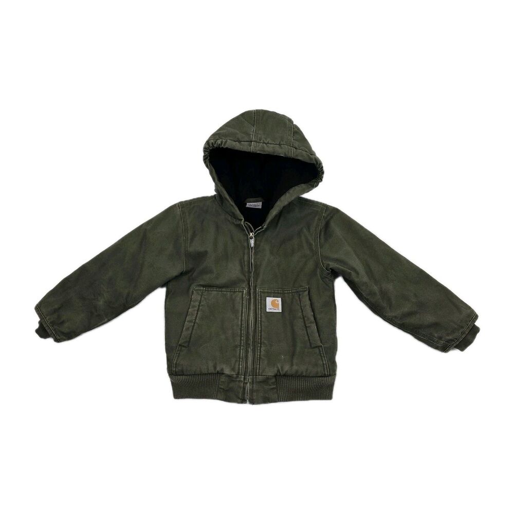 Carhartt Jacket Kids XXS 4-5 Green Canvas Duck Quilted Hooded Bomber CP8545